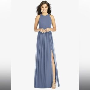 Dessy Collection- SHIRRED SKIRT JEWEL NECK HALTER DRESS WITH FRONT SLIT